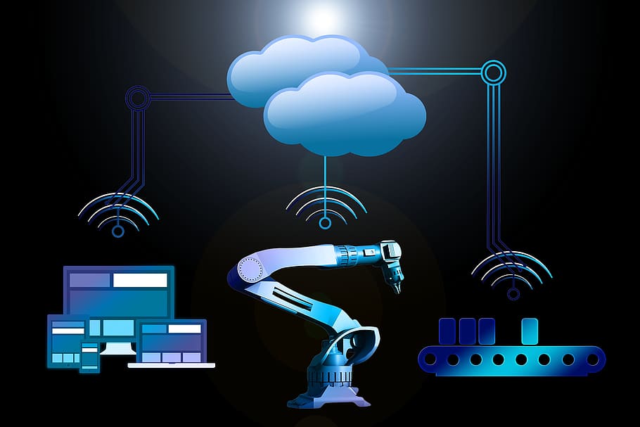il·lustració de la màquina blava, indústria, indústria 4, xarxa, interfícies, Internet de les coses, projecte, alta tecnologia, estratègia, recerca, tecnologia, producció, equipament, tecnologia de la Informació, comunicació, creació de xarxes, en xarxa, logística, màquina, conductors, Internet, connexió, intercanvi, World Wide Web, ordinador, intel·ligència, articles, sensors, pressupost, oficina, futurista, creativitat, part del cos humà, gent, blau, negocis, homes, solució, experiència, contemplació, adult, pluja d'idees, núvol - cel, brillant, il·luminat, resum, fons negre, electricitat, icona d’ordinador, compost digital, 5K