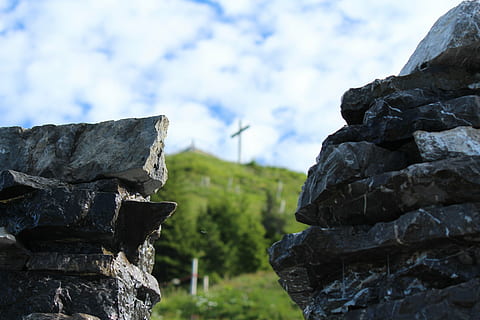 summit, cross, summit cross, sky, hiking, mountain, nature, outdoors, rock - Object, rock, solid, day, no people, low angle view, focus on foreground, cloud - sky, beauty in nature, rock formation, stack, stone - object, plant, non-urban scene, adventure, rough, balance, stone wall, 5K, CC0, public domain, royalty free