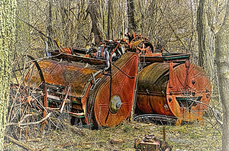 macchinario, arrugginito, ruggine, macchina, vecchio, industriale, metallo, attrezzatura, Vintage ▾, meccanismo, lavoro, abbandonato, grunge, Ingranaggio, antico, corroso, corrosione, metallico, meccanico, rotto, mezzi di trasporto, pianta, albero, modo di trasporto, terra, campo, giorno, nessuno, natura, veicolo terrestre, macchinari agricoli, obsoleto, attrezzatura agricola, all'aperto, stazionario, ruota, carrello, danneggiato, erba, deterioramento, rovinato, 5K