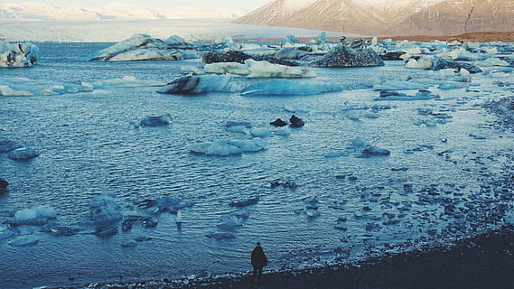aerial, view photography, person, standing, seashore, body, water, snow, winter, white, cold, weather, ice, nature, iceberg, sea, beach, day, outdoors, beauty in nature, scenics, real people, sky, cold temperature, land, scenics - nature, tranquility, frozen, high angle view, tranquil scene, non-urban scene, landscape, floating on water, 5K, CC0, public domain, royalty free