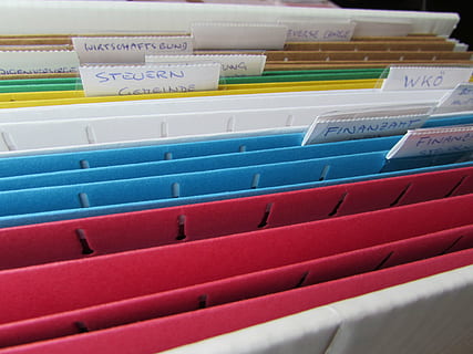 red, blue, white, yellow, cards, files, folder, drop, file, office, taxes, invoices, aktenordner, multi colored, indoors, no people, choice, communication, close-up, in a row, text, variation, order, still life, high angle view, large group of objects, western script, arrangement, side by side, business, label, 4K, CC0, public domain, royalty free