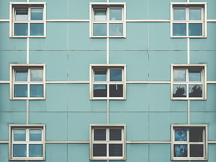 architecture, building, infrastructure, window, built structure, building exterior, no people, full frame, backgrounds, day, glass - material, residential district, outdoors, pattern, shape, wall - building feature, design, side by side, geometric shape, house, green color, turquoise colored, apartment, window frame, 4K, CC0, public domain, royalty free