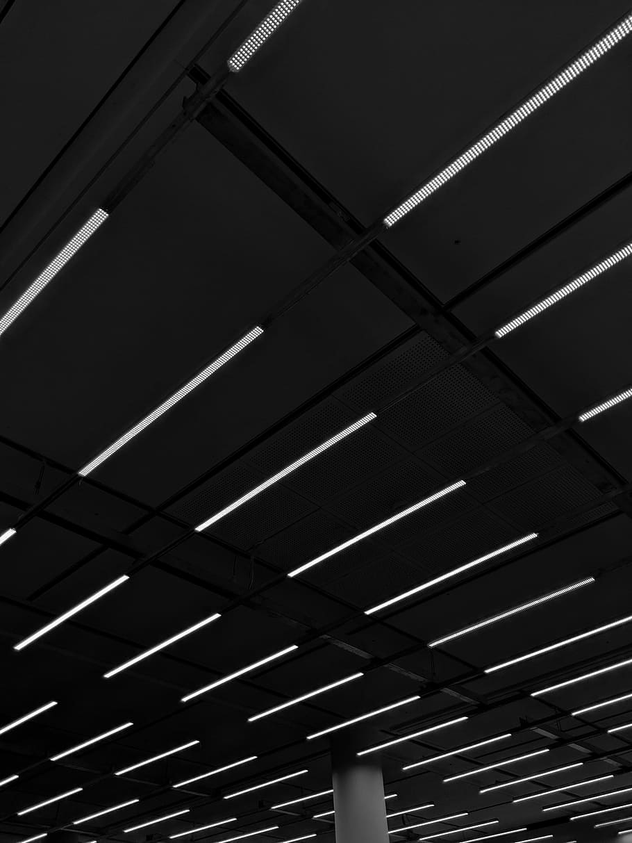 weißer Deckenrahmen, Weiß, LED, Beleuchtung, Decke, Licht, Muster, sich wiederholend, dunkel, minimal, die Architektur, Flachwinkelansicht, gebaute Struktur, keine Leute, drinnen, beleuchtet, Gebäude, Metall, Lichtanlage, Tag, fluoreszierendes Licht, Dach, architektonisches Merkmal, Sonnenlicht, Wiederholung, Dachbalken, stehlen, 4K