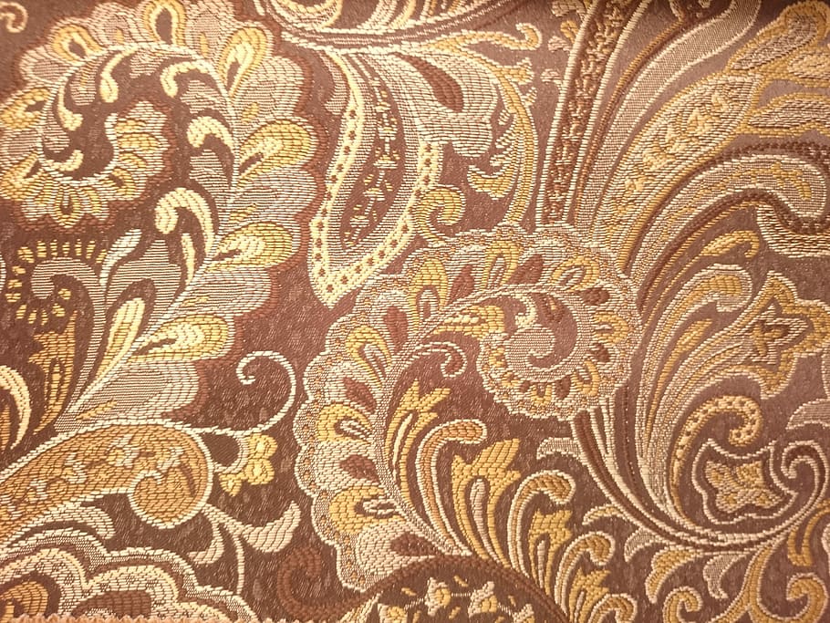braunes Blumentextil, Textur, Stoff, Muster, gestrickt, tragen, Strickwaren, Design, Hintergrund, hell, Textilien, dekorativ, Faden, viele Farben, Ballaststoff, wunderschönen, Blumen, braun, Gelb, Blumenmuster, Textil-, Hintergründe, Antiquität, Vollbild, keine Leute, Kunst und Handwerk, aufwendig, Kunst, Dekoration, texturiert, drinnen, Retro-Stil, die Architektur, goldfarben, Barockstil, klassischer Stil, Luxus, 5K