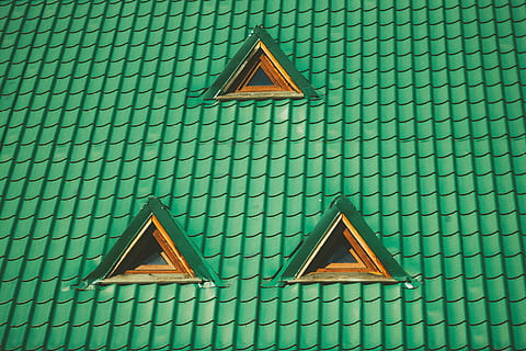 green, roof, three, windows, architecture, building, structure, establishment, apartment, symmetry, triangle shape, building exterior, house, green color, built structure, window, danger, day, shape, geometric shape, no people, pattern, wall - building feature, design, low angle view, sky, nature, outdoors, turquoise colored, 4K, CC0, public domain, royalty free