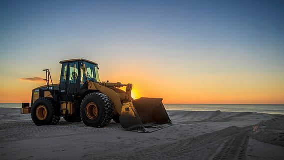 yellow, black, bulldozer, parked, grey, sand, machinery, equipment, land Vehicle, industry, earth Mover, construction Industry, construction Machinery, outdoors, sky, vehicle Scoop, sunset, no people, land, beach, sea, water, transportation, nature, copy space, scenics - nature, mode of transportation, dusk, horizon, tractor, beauty in nature, 4K, CC0, public domain, royalty free