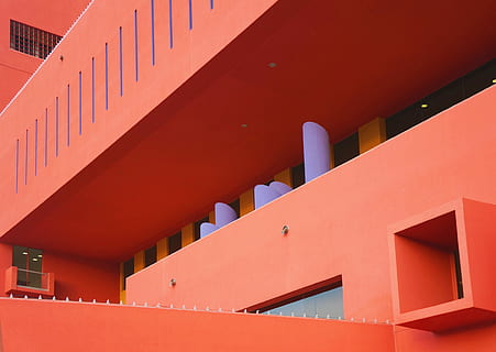 orange, wall building, closeup, photography, architectural, red, house, architecture, building, angle, line, built structure, building exterior, modern, no people, wall - building feature, residential district, outdoors, day, business, staircase, sunlight, entrance, wood - material, sparse, architectural column, bright, luxury, 4K, CC0, public domain, royalty free