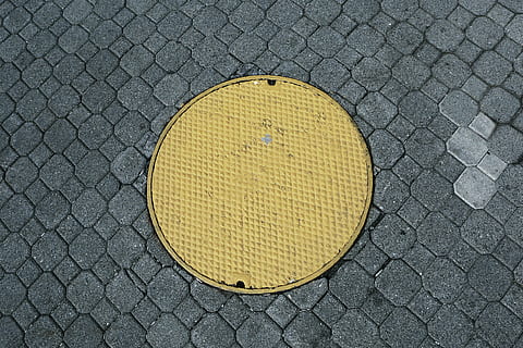 round, yellow, man hole, cover, frame, manhole, cobblestone, pattern, texture, textured, sport, no people, day, tennis, court, outdoors, tennis ball, close-up, circle, geometric shape, shape, high angle view, design, street, directly above, symbol, sign, gray, metal, city, 4K, CC0, public domain, royalty free