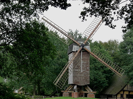 mill, windmill, wing, wind, münsterland, niederrhein, trees, post mill, tree, architecture, plant, renewable energy, built structure, alternative energy, fuel and power generation, environmental conservation, wind turbine, building exterior, wind power, sky, nature, traditional windmill, turbine, low angle view, no people, day, environment, green color, outdoors, 2K, CC0, public domain, royalty free