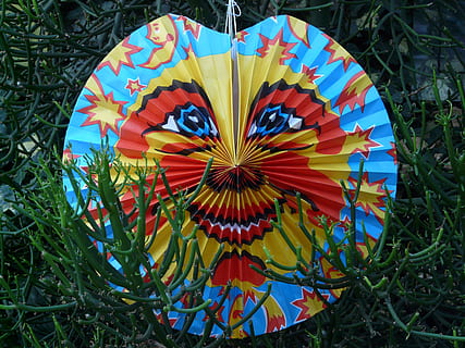 Lampignon, Laterne, Gesicht, Lachen, Festival, Feier, Licht, bunt, Farbe, mehrfarbig, Kreativität, Kunst und Handwerk, Muster, Pflanze, Design, keine Leute, Tag, Nahansicht, gestalten, Kunst, Natur, Blau, Kreis, draußen, Dekoration, Geometrische Figur, Blumenmuster, direkt darüber, Wachstum, 2K, CC0, gemeinfrei, lizenzfrei