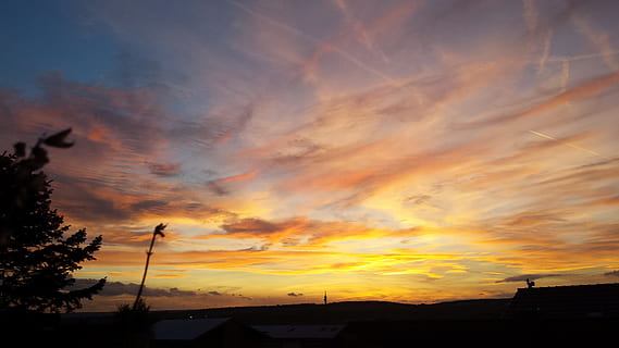 nebe, západ slunce, mraky, oranžový, dobrou noc, nálada, večerní obloze, soumrak, mrak - nebe, silueta, oranžová barva, krása v přírodě, scenics - příroda, nikdo, Příroda, architektura, dramatická obloha, nízký úhel pohledu, strom, klid, stavba, klidné scény, rostlina, exteriér budovy, venku, idylický, romantické nebe, 4K, CC0, veřejná doména, bez autorských práv