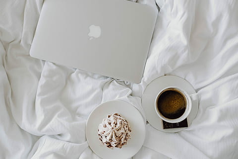 working, laptop, enjoying, breakfast coffee, chocolate, bed, Woman, breakfast, coffee, in bed, white, Apple, macbook, work, notebook, business, mac, sheets, notes, hotel, cup, coffee - Drink, morning, drink, heat - Temperature, brown, food, directly Above, coffee cup, food and drink, white background, crumpled, mug, indoors, refreshment, high angle view, freshness, white color, furniture, hot drink, meal, crockery, temptation, 4K