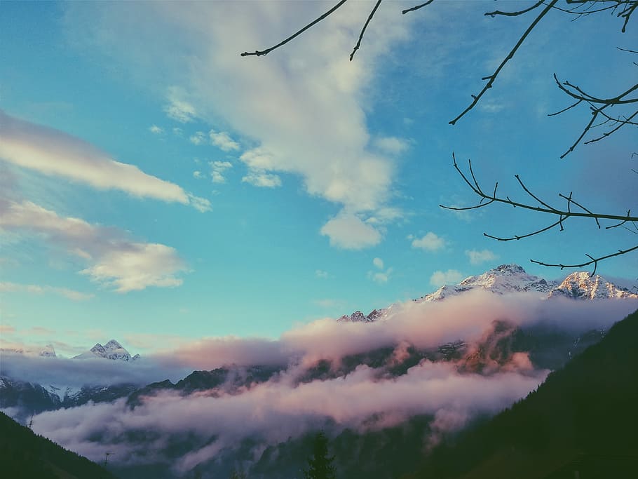 hav, skyer, bjerg, dagtimerne, dækket, hvid, Snowcap, træ, afdeling, spids, Sky, himmel, natur, moutain, fyrretræ, sne, landskab, sky - himmel, skønhed i naturen, scenics - natur, rolig scene, ro, ingen mennesker, plante, ikke-urbane scene, idyllisk, bjergkæde, dag, miljø, solnedgang, udendørs, kold temperatur, snedækket bjerg, 4K