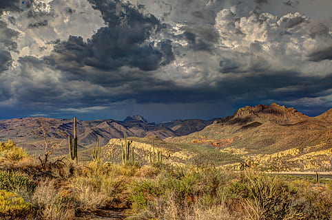 fotografia di paesaggio, montagne, nuvoloso, cielo, nube, paesaggio, CACTU, campo, montagna, collina, deserto, tempesta, valle, rurale, cactus, natura, pioggia, nuvola - cielo, scenics - natura, ambiente, bellezza nella natura, terra, pianta, catena montuosa, scena non urbana, nessuno, la tranquillità, destinazioni di viaggio, scena tranquilla, albero, giorno, all'aperto, semi arido, clima arido, clima, 4K, CC0, dominio pubblico, privo di copyright