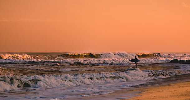 surfer, in piedi, superficiale, acqua, analizzare, cercare, guardare, onde, tramonto, spiaggia di Bradley, persona, onde del mare, ultima corsa, spiaggia, Surf, mare, oceano, natura, costa, all'aperto, sabbia, uccello, gabbiano, Paesaggi, cielo, crepuscolo, paesaggio, animali allo stato selvatico, fauna selvatica, nessuno, bellezza nella natura, terra, scenics - natura, movimento, roccia, la tranquillità, colore arancione, onda, ambiente, roccia - oggetto, solido, sole, orizzonte sull'acqua, potere in natura, 5K, CC0, dominio pubblico, privo di copyright