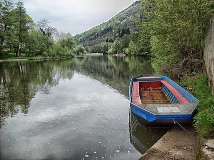 munster, germany, forest, trees, boat, river, water, hdr, reflections, sky, clouds, nature, outside, mountains, nautical vessel, mode of transportation, lake, transportation, plant, tree, day, tranquility, beauty in nature, scenics - nature, moored, reflection, no people, tranquil scene, non-urban scene, mountain, outdoors, rowboat, recreational boat, 2K, CC0, public domain, royalty free