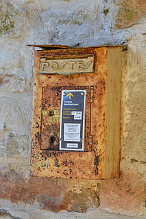 mailbox, nostalgia, text, communication, wall - building feature, architecture, no people, built structure, western script, old, day, close-up, building exterior, script, outdoors, non-western script, weathered, sign, wall, correspondence, the past, 5K, CC0, public domain, royalty free