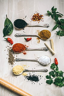five, gray, spoons, filled, assorted-color powders, chilli, flat, lay, photography, spice powders, furniture board, spices, salt, flakes, powder, bay leaf, leaves, coriander, ingredients, food photography, herb, chili, thai, food and drink, food, spice, indoors, spoon, freshness, high angle view, eating utensil, variation, kitchen utensil, still life, ingredient, leaf, plant part, ground - culinary, table, vegetable, choice, no people, red chili pepper, cardamom, 5K, CC0, public domain, royalty free