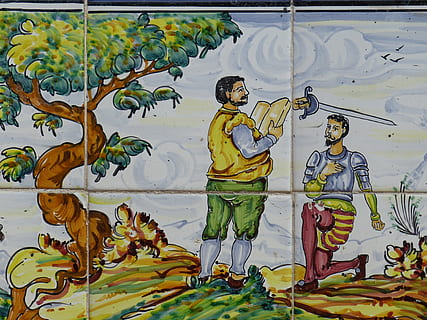 dlaždice, keramický, hrnčířství, Španělsko, kastilie, la mancha, obraz, azulejo, don quijote, cervantes, středověk, rytíř, těsnění, meč, strom, zastoupení, umění a řemesla, tvořivost, lidské zastoupení, mužská podobnost, nikdo, ženská podobnost, voda, řemeslo, rostlina, den, Příroda, malované, venku, sochařství, vícebarevné, nástěnná malba, vyšperkovaný, 4K, CC0, veřejná doména, bez autorských práv