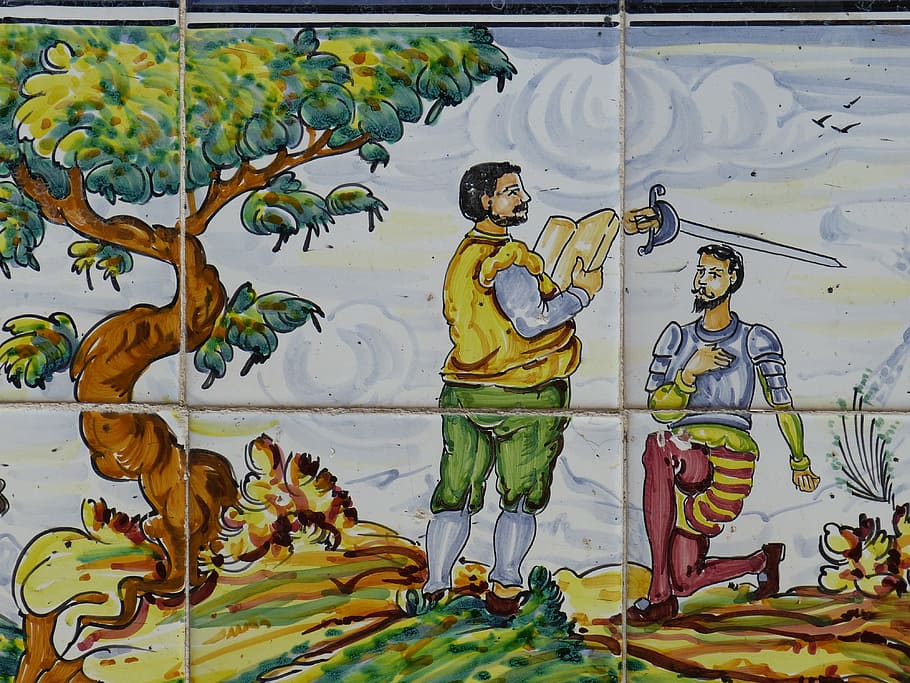 rajola, ceràmica, espanya, Castella, la mancha, imatge, taulell, don quijote, cervantes, edat mitjana, cavaller, segell, espasa, arbre, representació, art i artesania, creativitat, representació humana, semblança masculina, cap gent, semblança femenina, aigua, artesania, planta, dia, naturalesa, pintat, a l'aire lliure, escultura, multicolor, mural, ornamentat, 4K