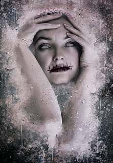 persona, cosit, il·lustració de llavis, horror, macabre, fosc, gòtic, Halloween, retrat, retrat de terror, dona, femella, jove, model, por, horripilant, fantasma, sinistre, misteriós, malson, somni, somni fosc, espantar, boca cosida, boca, cervell, surrealista, eteri, fantasma eteri, textura, esgarrapades, tinta, esquitxades de tinta, grunge, una persona, vista frontal, tirada al cap, aigua, emoció, estils de vida, dones, persones reals, dones joves, adult jove, ulls tancats, somrient, felicitat, primer pla, mirant la càmera, activitat d'oci, rostre humà, dona guapa, compost digital, 4K
