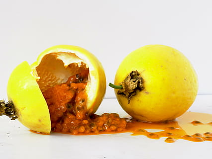 sliced passion fruit, passion fruit, fruit, pulp, passion, tropical fruit, passiflora edulis, food, freshness, yellow, food and drink, healthy eating, studio shot, wellbeing, indoors, white background, close-up, apple - fruit, cut out, no people, missing bite, ripe, healthy lifestyle, two objects, still life, group of objects, pear, snack, temptation, 5K, CC0, public domain, royalty free
