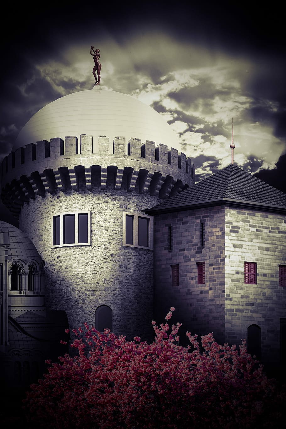 castell, fosc, estàtua, nit, horror, exterior de l'edifici, fantasmal, arquitectura, estructura construïda, edifici, núvol - cel, cel, naturalesa, planta, planta amb flors, flor, casa, història, a l'aire lliure, barri residencial, finestra, el passat, ciutat, paret, una persona, 2K