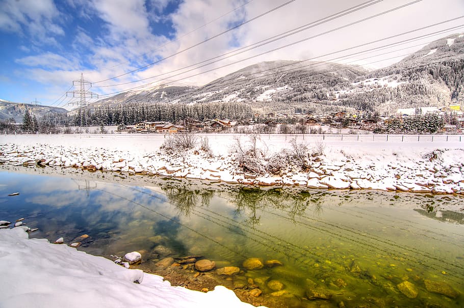 Fluss, Österreich, Winter, hdr, kalt, Schnee, Berg, Wolken, Felsen, Reflexion, Frost, Mist Village, Stromleitungen, See, Wasser, Natur, szenen, wolke - himmel, draußen, keine Leute, Himmel, Schönheit in der Natur, kalte Temperatur, Pflanze, Szenen - Natur, Baum, Ruhe, gebaute Struktur, Tag, die Architektur, schneebedeckter Berg, 5K
