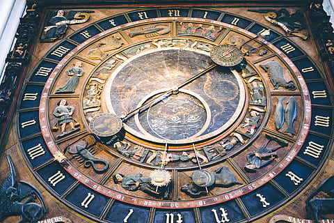 Astronomical clock, objects, other, clock, time, astrology Sign, old, clock Face, astronomy, history, architecture, travel destinations, built structure, the past, no people, building exterior, city, building, place of worship, art and craft, low angle view, ornate, day, ceiling, clock tower, astrology, directly below, 4K, CC0, public domain, royalty free