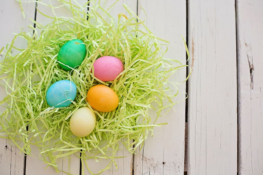cinc ous de Pasqua, ous de Pasqua, colorit, pastels, Pasqua, festa, primavera, celebració, color, tradició, tradicional, espai blanc, espai de text, ou, ou de Pasqua, vista d’angle alt, menjar, menjar i beguda, a l'interior, cap gent, dia, natura morta, material de fusta, multicolor, frescor, benestar, taula, alimentació saludable, naturalesa, color verd, a l'aire lliure, 5K