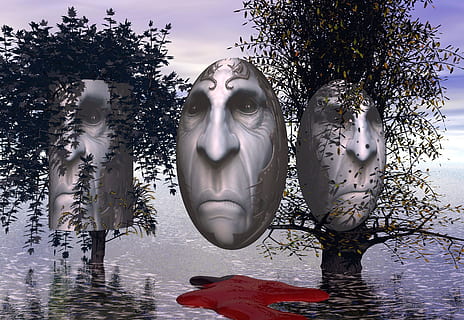 surrealisme, 3d, ansigter, træer, menneskelig repræsentation, repræsentation, træ, skulptur, Kunst og håndværk, statue, natur, mandlig lighed, vand, kvindelig lighed, kreativitet, plante, religion, ingen mennesker, dag, udendørs, tro, arkitektur, spiritualitet, 2K, CC0, offentligt domæne, royaltyfrie