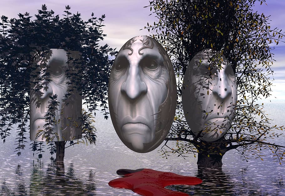 surrealismus, 3d, tváře, stromy, lidské zastoupení, zastoupení, strom, sochařství, umění a řemesla, socha, Příroda, mužská podobnost, voda, ženská podobnost, tvořivost, rostlina, náboženství, nikdo, den, venku, víra, architektura, duchovno, 2K