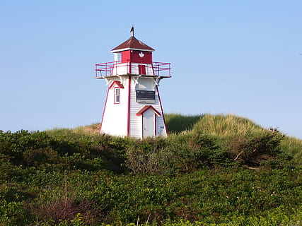 hvid, rød, fyrtårn, omgivet, græs, lys, ledestjerne, bjælke, blitz, navigation, klitter, kystlinje, maritim, hav, ocean, tårn, kyst, himmel, milepæl, nat, nautiske, marine, guide, vejledning, plante, arkitektur, bygget struktur, bygning, jord, ingen mennesker, bygning udvendig, natur, sikkerhed, dag, skyfri himmel, Mark, beskyttelse, vækst, udendørs, 2K, CC0, offentligt domæne, royaltyfrie