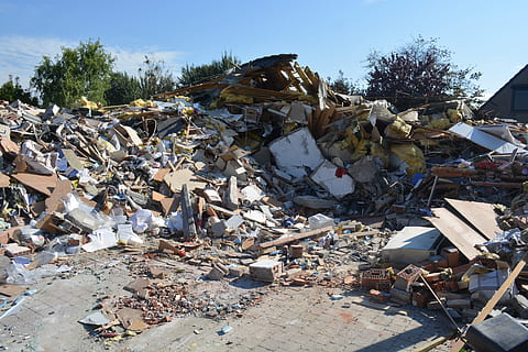 file, garbage, open, field, house, explosion, ruin, gas explosion, fiasco, collapsed, damaged, junkyard, destruction, garbage dump, day, abandoned, demolished, nature, waste management, environmental issues, no people, heap, tree, obsolete, broken, pollution, stack, outdoors, metal, ruined, breaking, messy, collapsing, 5K, CC0, public domain, royalty free