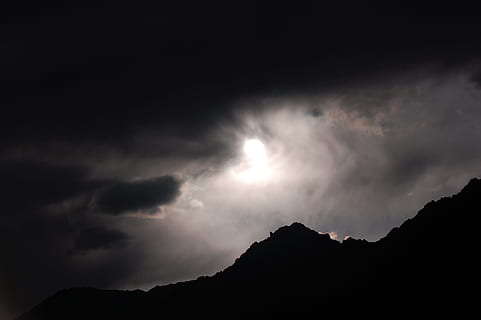 Sunset, Clouds, Dark, Evening, Dusk, mountaintop, sun, landscape, nature, night, silhouette, scenics, storm, sky, cloud - sky, mountain, beauty in nature, scenics - nature, tranquil scene, tranquility, no people, low angle view, mountain range, idyllic, outdoors, dramatic sky, space, mountain peak, ominous, 2K, CC0, public domain, royalty free