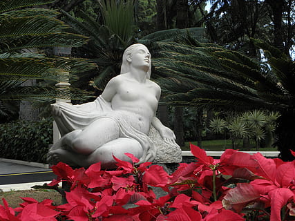 statue, red, dedication, plant, human representation, representation, sculpture, male likeness, tree, female likeness, art and craft, creativity, day, nature, no people, garden, park, growth, architecture, outdoors, flower, flowering plant, 4K, CC0, public domain, royalty free