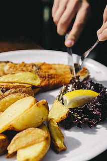 reastaurant:, Dinner, Fish, Roasted, Potatoes, Fresh, Greek Salad, vegetables, eating, lunch, meal, restaurant, eat, hungry, salad, potato, potatoest, roasted potatoes, food, plate, gourmet, close-up, human Hand, cooked, food And Drink, crockery, grilled, prepared Potato, fried, freshness, human body part, hand, ready-to-eat, one person, eating utensil, indoors, kitchen utensil, fork, real people, holding, unrecognizable person, serving size, temptation, finger, snack, breakfast, 2K