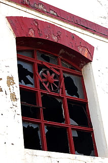 window, wall, old, broken, red, built structure, architecture, no people, low angle view, building exterior, day, building, outdoors, flag, wall - building feature, wood - material, shape, damaged, text, entrance, house, window frame, 2K, CC0, public domain, royalty free