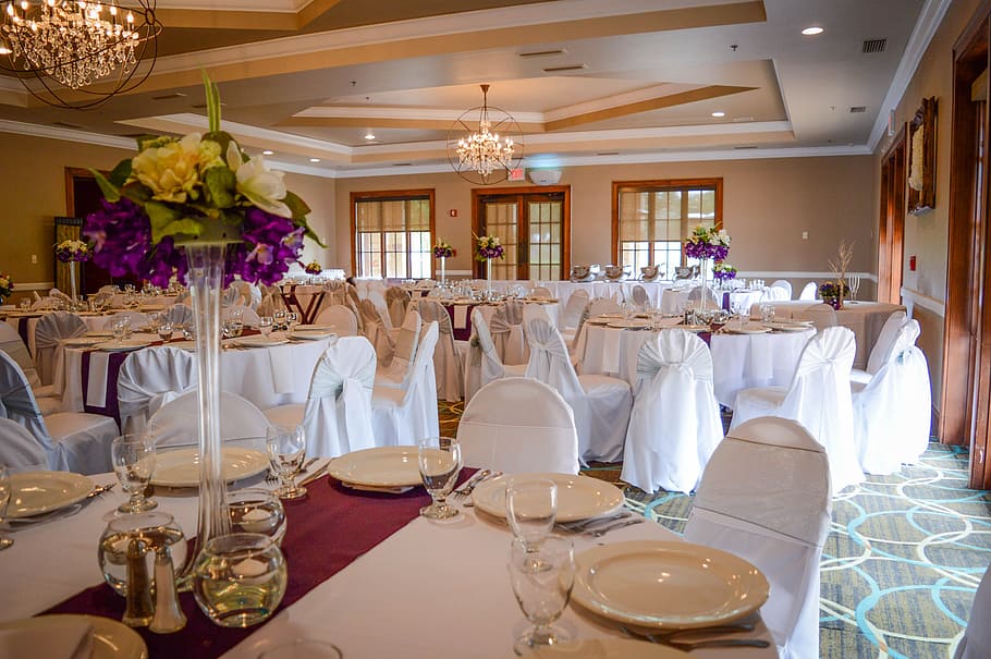 taules, sala de ball, sopar, configuració de lloc, taula, configuració, seient, cadira, vidre, planta amb flors, elegància, equipament per a la llar, flor, luxe, riquesa, restaurant, a l'interior, casament, arranjament, esdeveniment, planta, mobles, celebració, cap gent, arranjament floral, bouquet, menjar, 4K