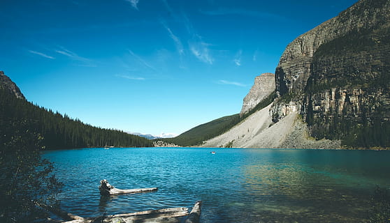 river, valley, rocks, cliff, water, flow, landscape, mountain, summer, nature, outdoor, scenic, remote, pristine, stream, transparent, trees, wilderness, peaceful, scenics - nature, beauty in nature, sky, lake, tranquil scene, tranquility, blue, non-urban scene, tree, rock, solid, rock - object, nautical vessel, one person, idyllic, land, outdoors, 1080P, CC0, public domain, royalty free