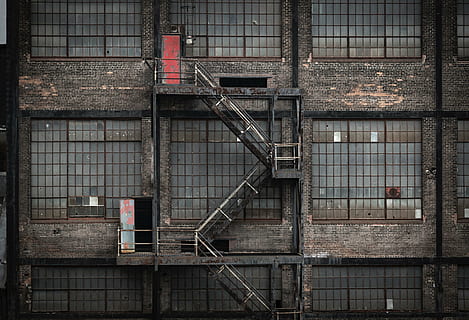 gray concrete building, architecture, building, infrastructure, structure, establishment, apartment, windows, old, bricks, ghetto, staircase, backgrounds, built structure, industry, abandoned, no people, red, factory, prison, building exterior, metal, steps and staircases, day, safety, fire escape, accidents and disasters, railing, brick, low angle view, wall, outdoors, brick wall, window, ladder, 5K, CC0, public domain, royalty free