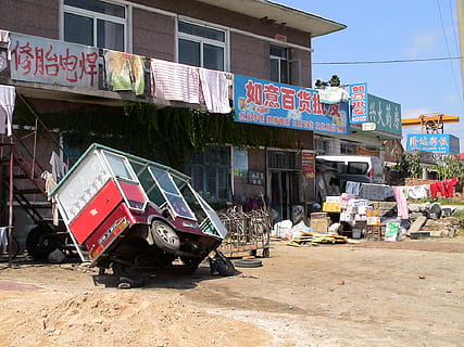 Repair, Dilapidated, Run Down, Building, old, vehicles, china, dandong, building exterior, street, architecture, construction site, built structure, outdoors, city, transportation, day, mode of transportation, sign, communication, road, land vehicle, text, motor vehicle, no people, damaged, non-western script, script, demolished, 1080P, CC0, public domain, royalty free