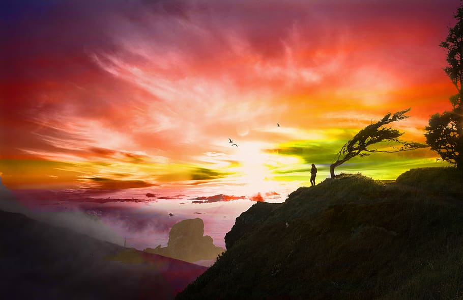 silueta, persona, muntanya, posta de sol, penya-segat, vermell, rock, cel, naturalesa, mira, passió, gavina, tress, tempesta, compassió, esperança, paisatge, paisatge natural, blau, vista, a l'aire lliure, núvols de cel, pedra, natural, mar, sol, sortida del sol, bonic, paisatges, oceà, llum solar, aventura, extrem, superior, escènic, aigua, núvol - cel, escenics - natura, bellesa a la natura, medi ambient, tranquil·litat, escena tranquil·la, cap gent, cel dramàtic, idíl·lic, vespre, color taronja, terra, cel romàntic, porpra, 4K