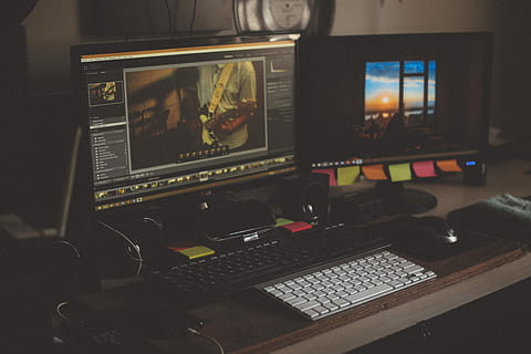 turned, two, computer monitors, beside, black, white, keyboards, desk, computer sets, computer, desktop, keyboard, laptop, music, screen, electronic, visual, keypad, production, editor's desk, software, photography, film, technology, audio equipment, sound recording equipment, studio, sound mixer, computer equipment, recording studio, indoors, control, computer monitor, communication, control panel, table, no people, arts culture and entertainment, equipment, furniture, electrical equipment, 5K, CC0, public domain, royalty free