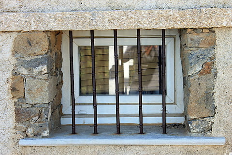 window, old, house, facade, bars, wall, architecture, built structure, building, wall - building feature, no people, building exterior, day, abandoned, history, outdoors, weathered, glass - material, the past, punishment, metal, solid, stone wall, ruined, 4K, CC0, public domain, royalty free