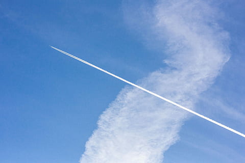 cloudy blue sky, Cloudy, blue sky, sky, blue, cloud, clear, nature, vapor Trail, air, day, cloud - Sky, airplane, weather, outdoors, summer, contrail, white, low angle view, air vehicle, transportation, no people, flying, mode of transportation, travel, motion, on the move, smoke - physical structure, speed, air pollution, directly below, plane, 5K, CC0, public domain, royalty free