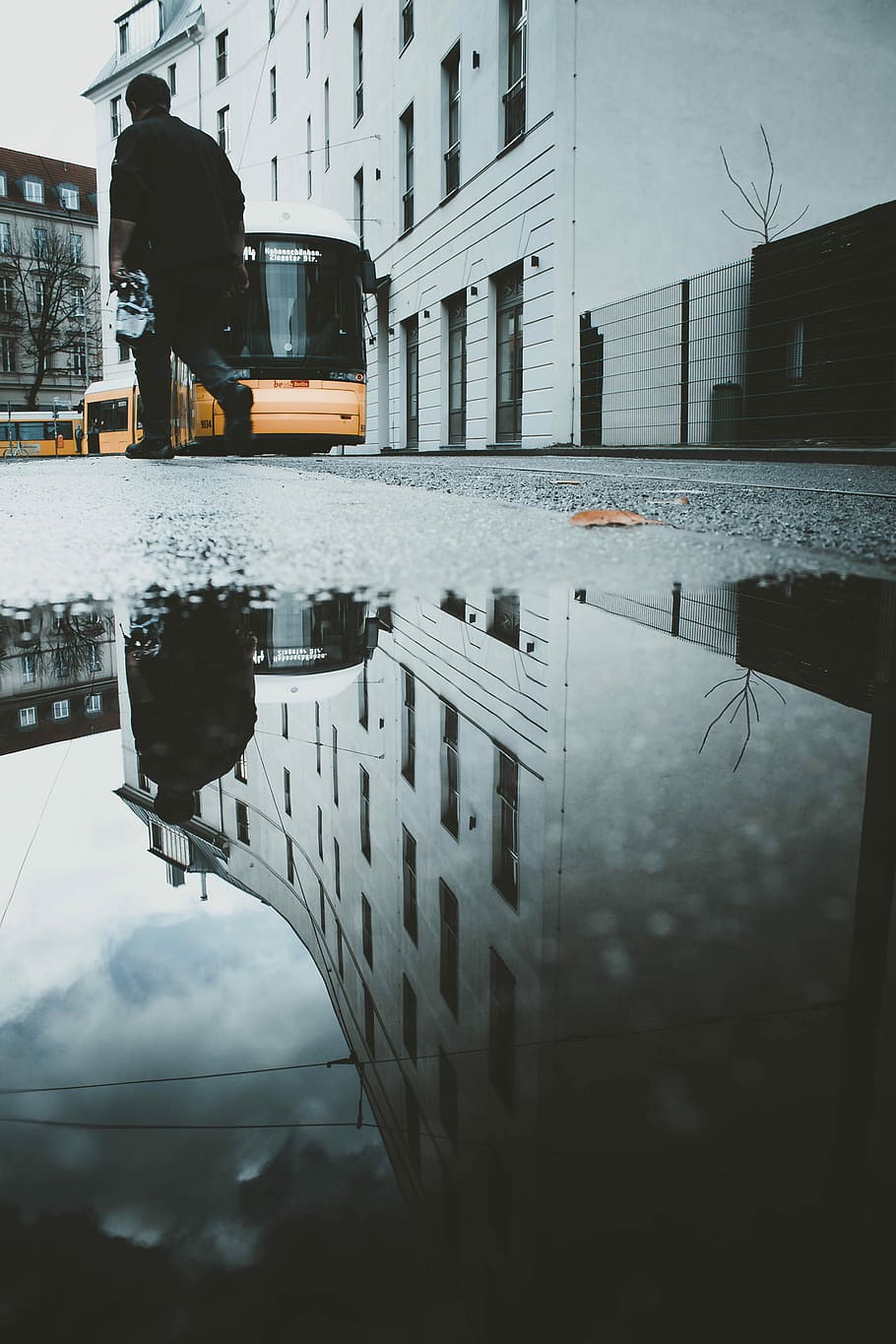gå, orm, øje visning fotografering, mand, gade, afspejling, vandreflektion, bus, Gade syn, lav vinkel, bygning udvendig, bygget struktur, arkitektur, vand, bygning, transportmidler, pyt, by, transportform, natur, havnefronten, boligområde, himmel, ingen mennesker, motor køretøj, dag, land køretøj, udendørs, kanal, regn, 5K