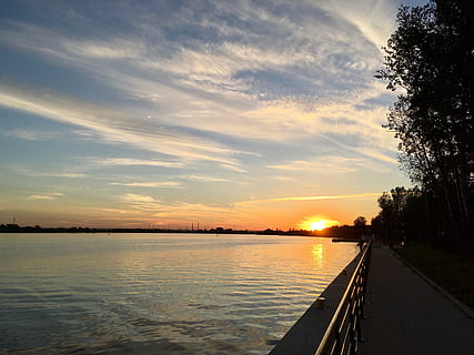 tramonto, Wisla, fiume, paesaggio, ovest, gdansk sobieszewo, bellezza, vista, Polonia, natura, cielo, sera, nuvole, acqua, nuvola - cielo, bellezza nella natura, scenics - natura, albero, la tranquillità, scena tranquilla, riflessione, lago, pianta, colore arancione, silhouette, nessuno, idilliaco, all'aperto, 4K, CC0, dominio pubblico, privo di copyright