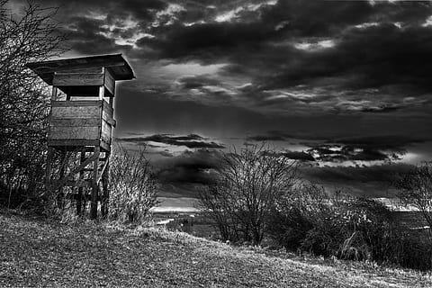 chasseur, des nuages, dramatique, paysage, chasseur était, la nature, ciel, idyllique, efficace, contraste élevé, noir et blanc, monochrome, des arbres, architecture, ambiance, noir blanc, des arbustes, buisson, Prairie, les herbes, herbe, nuage - ciel, en plein air, personne, journée, plante, terre, champ, structure construite, extérieur du bâtiment, bâtiment, beauté dans la nature, environnement, tranquillité, paysages - nature, 5K, CC0, domaine public, libre de droits