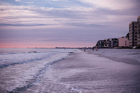 solnedgang, arkitektur, bygning, infrastruktur, Hotel, feriesteder, ferie, strand, hav, ocean, vand, himmel, sky - himmel, bygning udvendig, jord, natur, bygget struktur, by, skønhed i naturen, scenics - natur, sand, rolig scene, bølge, udendørs, 5K, CC0, offentligt domæne, royaltyfrie